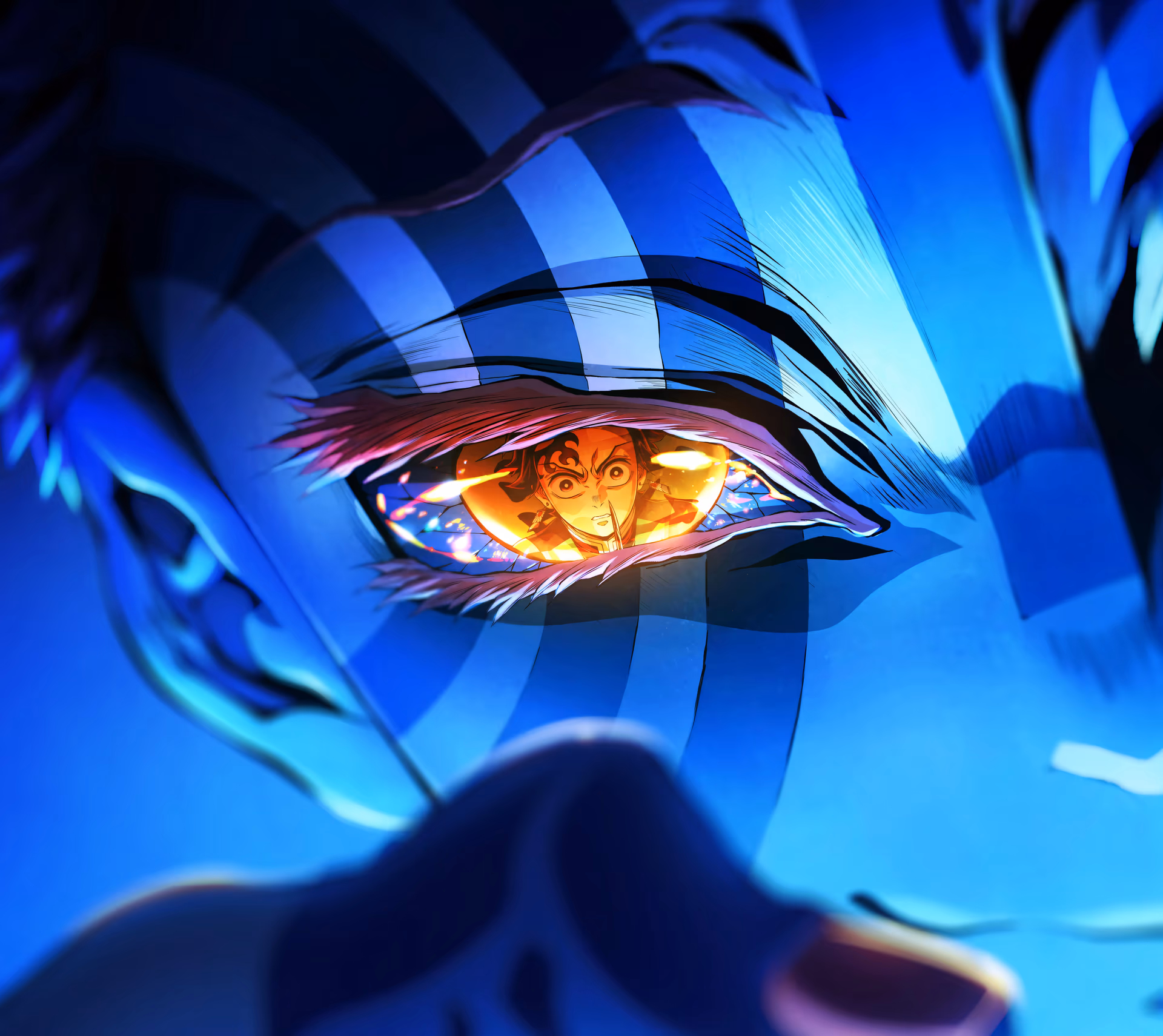 猗窩座の激しい青い目に炭治郎の姿が映るクローズアップのデジタルアート作品で、『鬼滅の刃』のドラマチックで暗い戦闘シーンを捉えています。