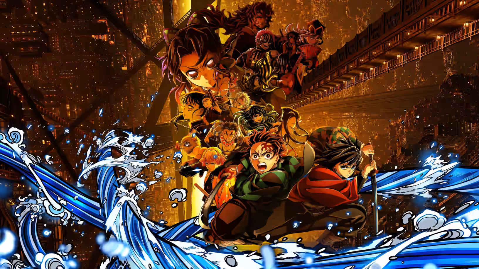 鬼滅の刃隊、炭治郎と義勇を含む様々な鬼との戦いを描いた、激しいデジタルアートイラスト。未来的な輝く街の背景に、ダイナミックな水の効果を伴う。