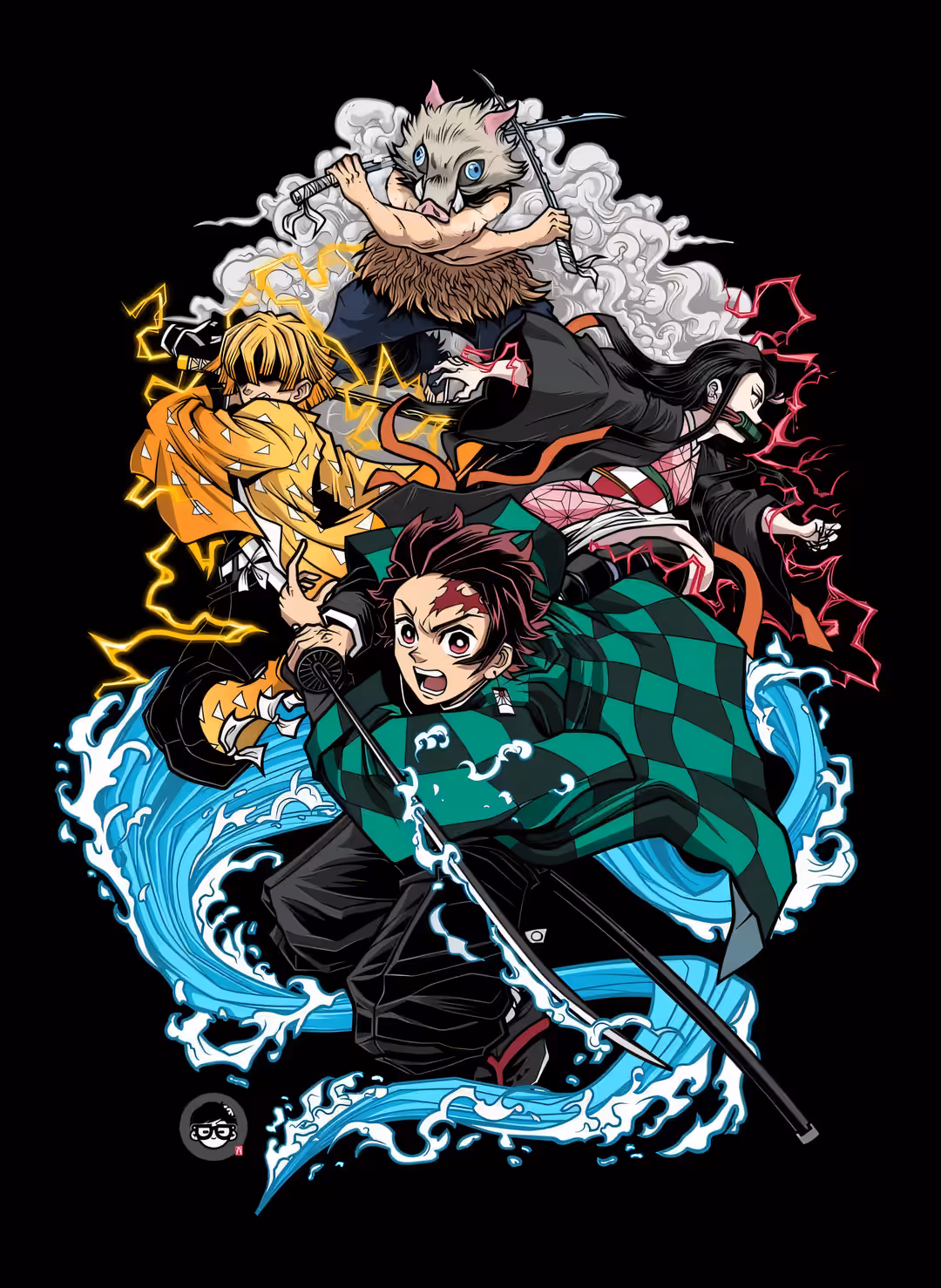 黒い背景に対して、鬼滅の刃の主要キャラクターである炭治郎、禰豆子、善逸、伊之助がダイナミックなポーズで独特の能力をカラフルな効果とともに展示した、活気あるデジタルアートイラスト。