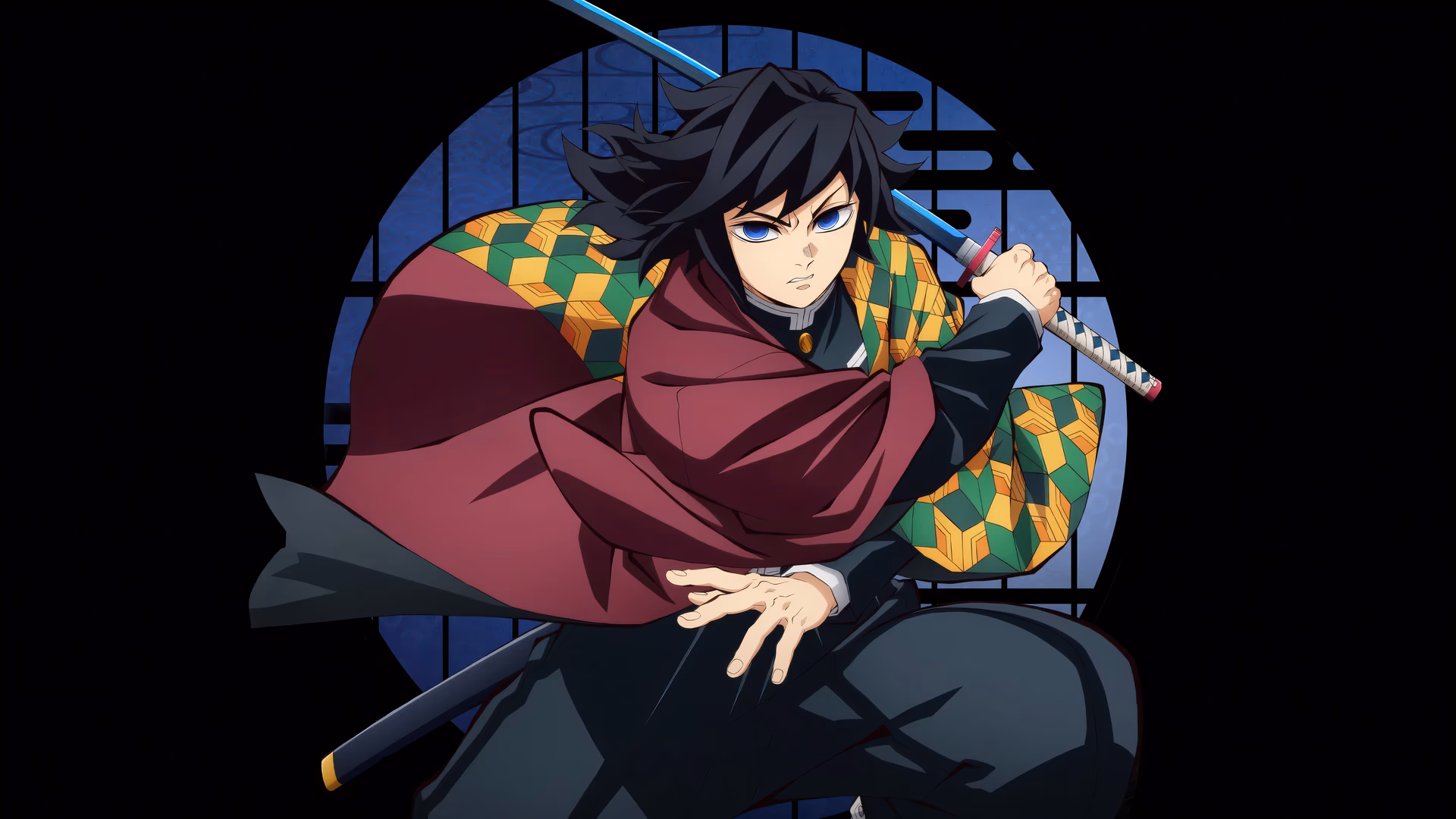 アニメスタイルのデジタルアート、ギユウ・トミオカがダイナミックなポーズで日輪刀を持ち、暗い背景に青い円形パターンを背景に。色は鮮やかでムードは激しい。