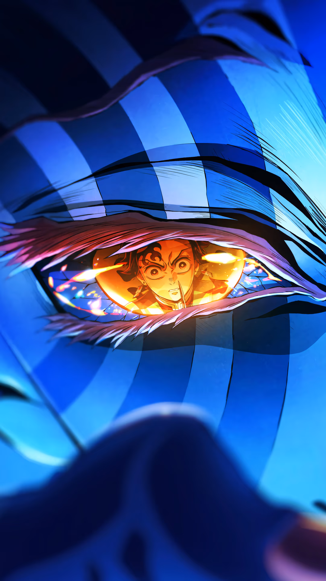 猗窩座の激しい青い目に炭治郎の姿が映るクローズアップのデジタルアート作品で、『鬼滅の刃』のドラマチックで暗い戦闘シーンを捉えています。