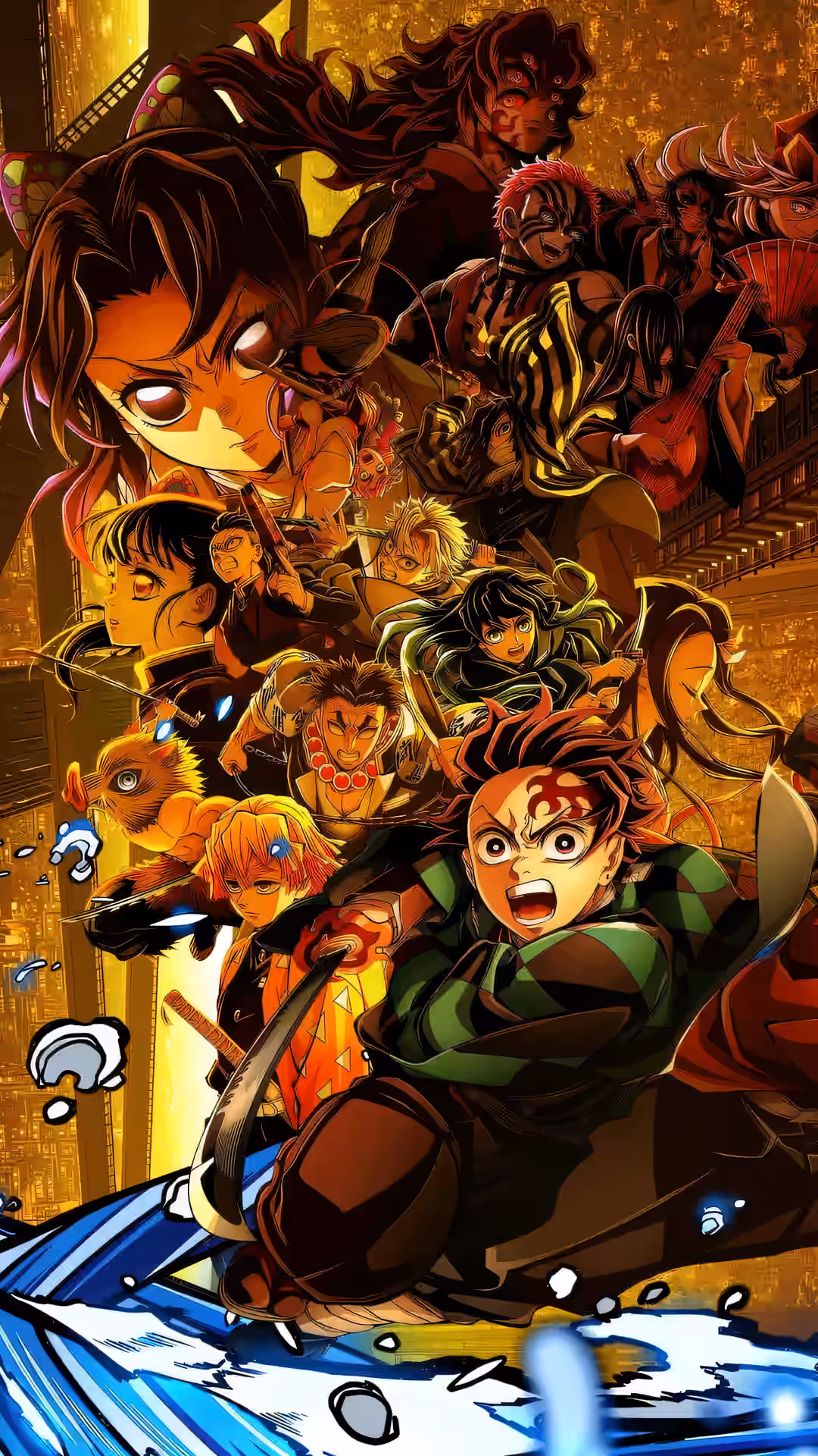 鬼滅の刃隊、炭治郎と義勇を含む様々な鬼との戦いを描いた、激しいデジタルアートイラスト。未来的な輝く街の背景に、ダイナミックな水の効果を伴う。