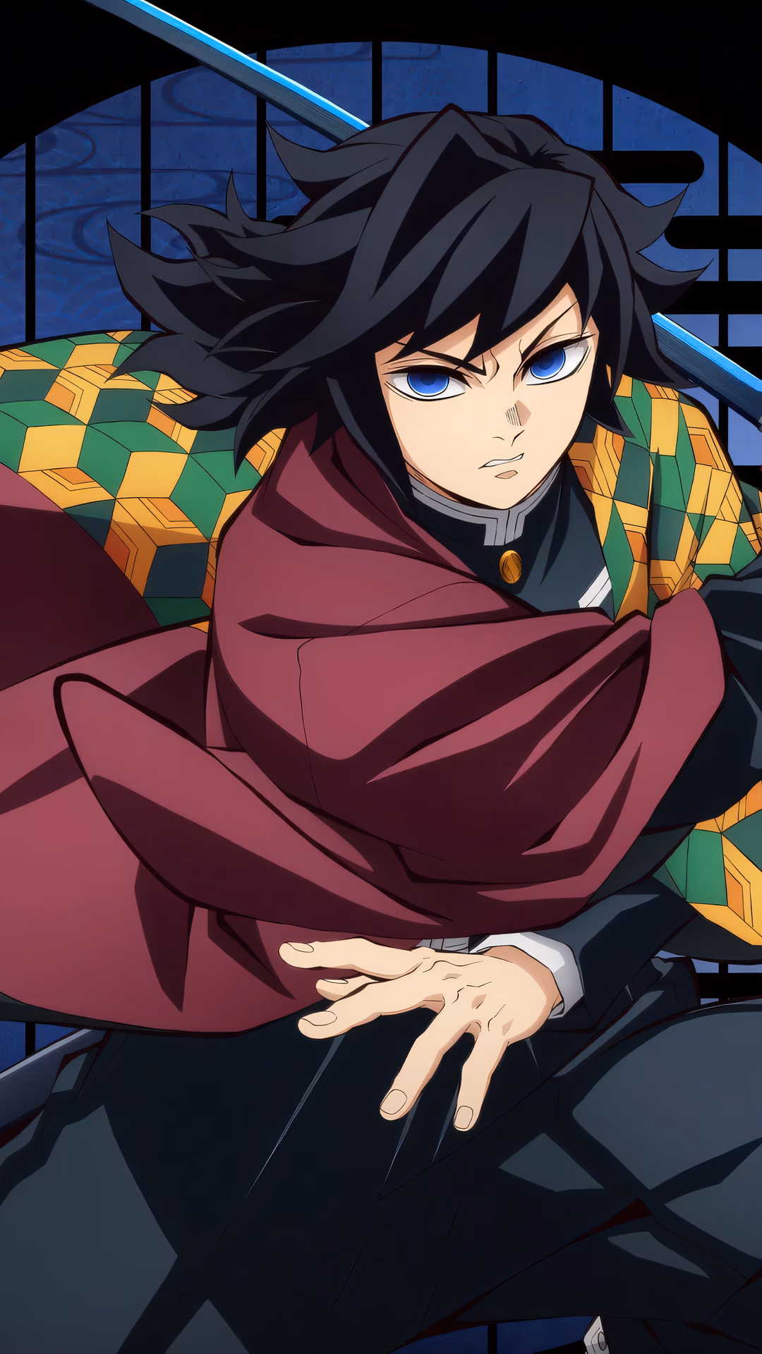 アニメスタイルのデジタルアート、ギユウ・トミオカがダイナミックなポーズで日輪刀を持ち、暗い背景に青い円形パターンを背景に。色は鮮やかでムードは激しい。