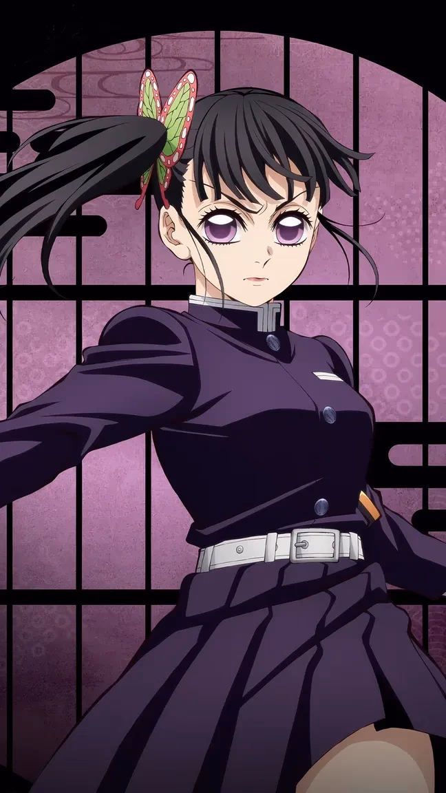 鬼滅の刃の制服を着た栗花落香奈乎が、ピンクの日輪刀を持ったアニメ壁紙。暗い背景に紫色の円形パターンが描かれています。