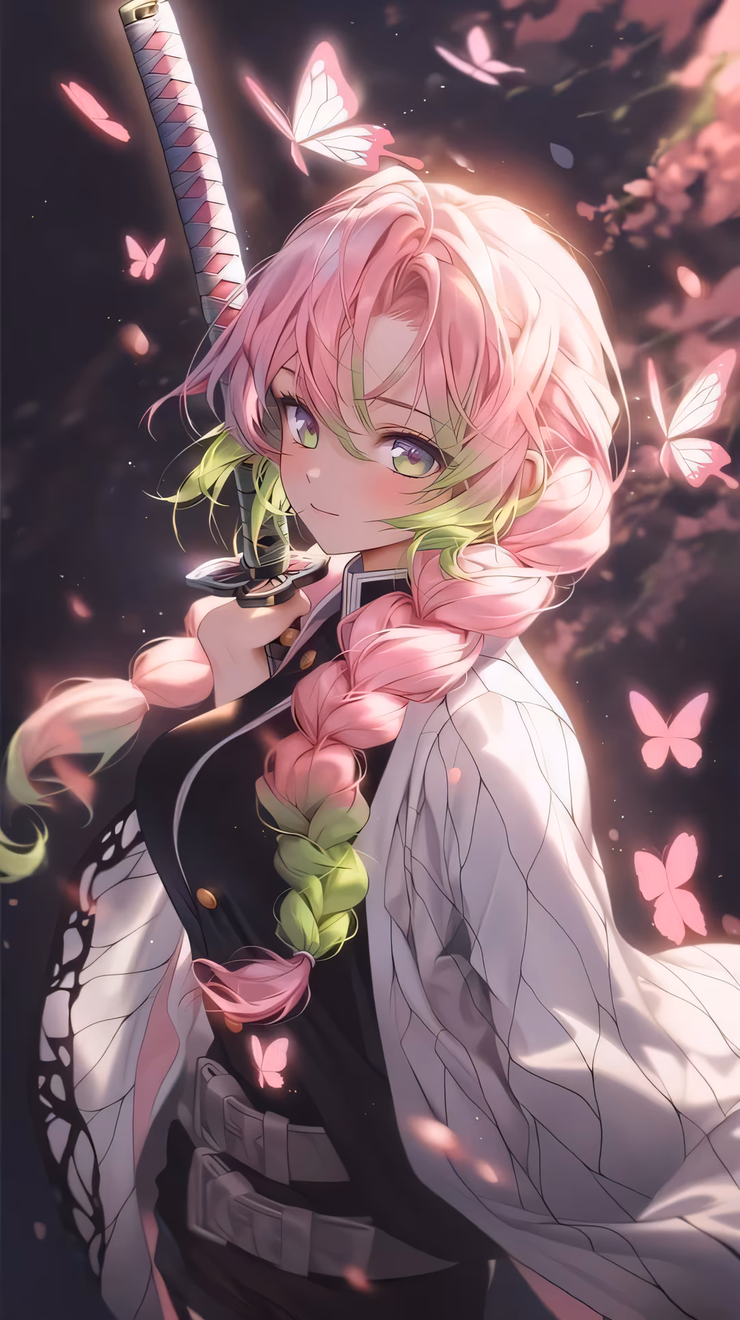 A vibrant digital art portrait of Mitsuri Kanroji from Demon Slayer, featuring her signature pink and green hair, holding her Nichirin sword, surrounded by glowing pink butterflies against a dark, soft background.