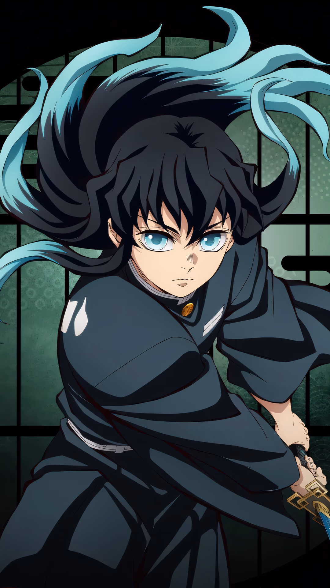 時透無一郎（霞柱）のダイナミックなアニメイラストレーション。彼は日輪刀を構えた準備姿勢で、背景には伝統的な日本の屏風パターンが円形モチーフ内に描かれ、暗い背景に設定されています。