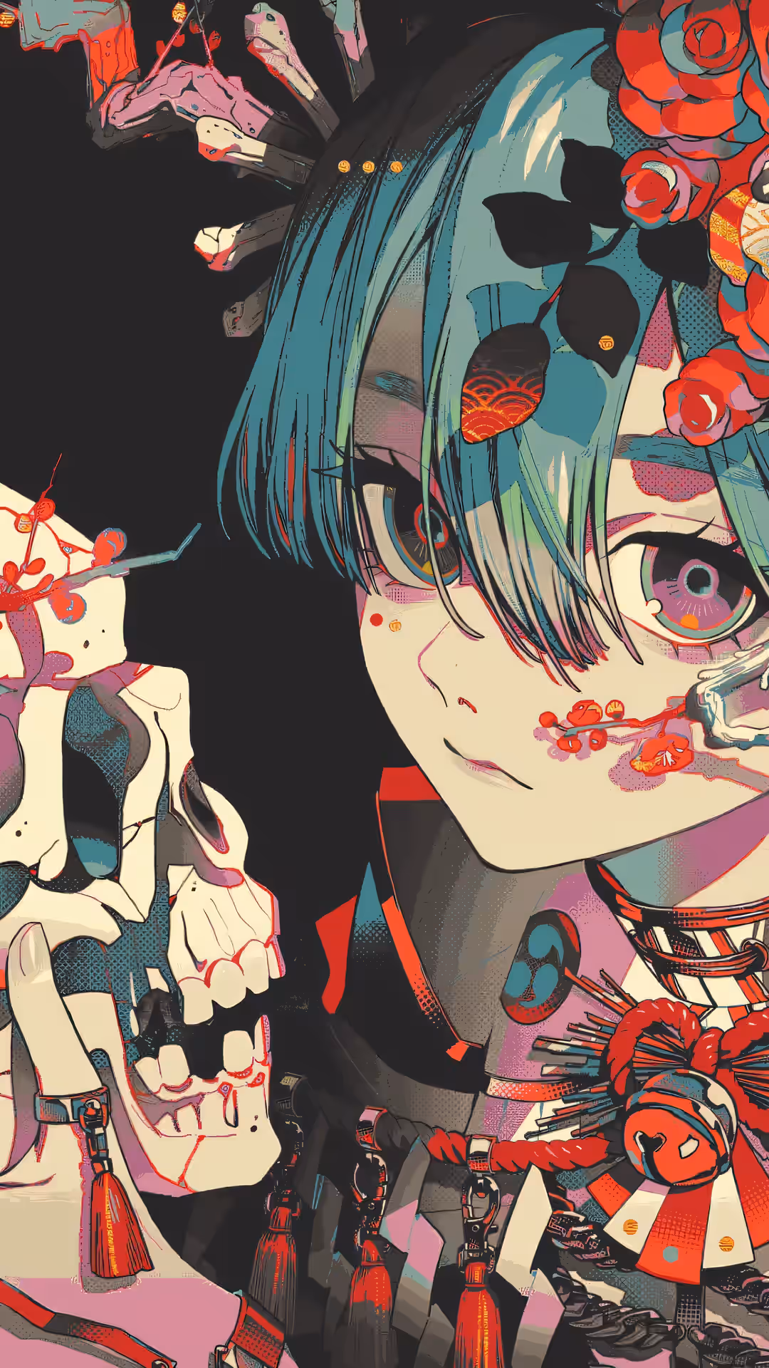 禰豆子・カマドを特徴とするスタイル化されたデジタルアート作品で、梅の花が飾られた骸骨マスクを着用し、暗い背景に設定されています。鮮やかな色と緻密なディテールがユニークな美学を生み出します。