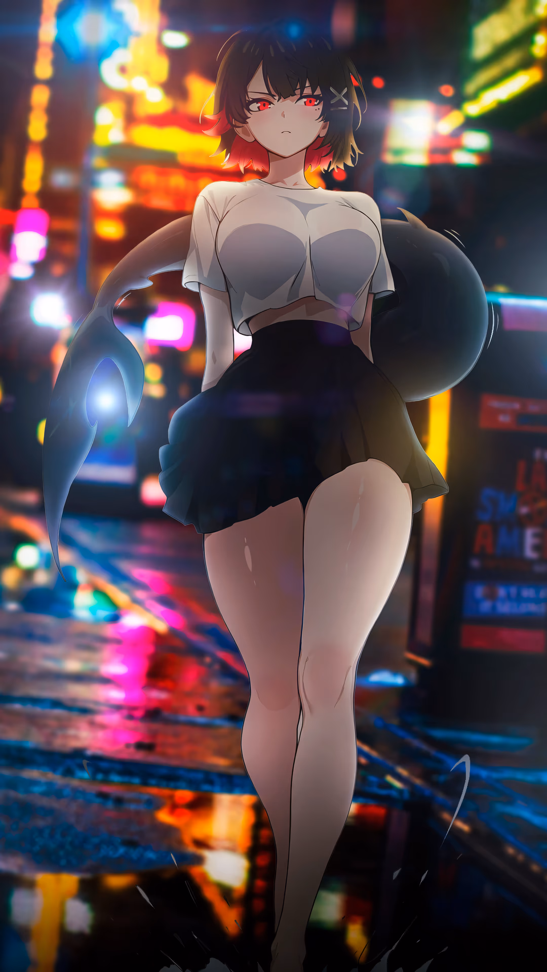 禰豆子・竈門の全身デジタルアートイラスト。現代の都市夜景で、鮮やかなネオンライトと神秘的で緊張感のある雰囲気。