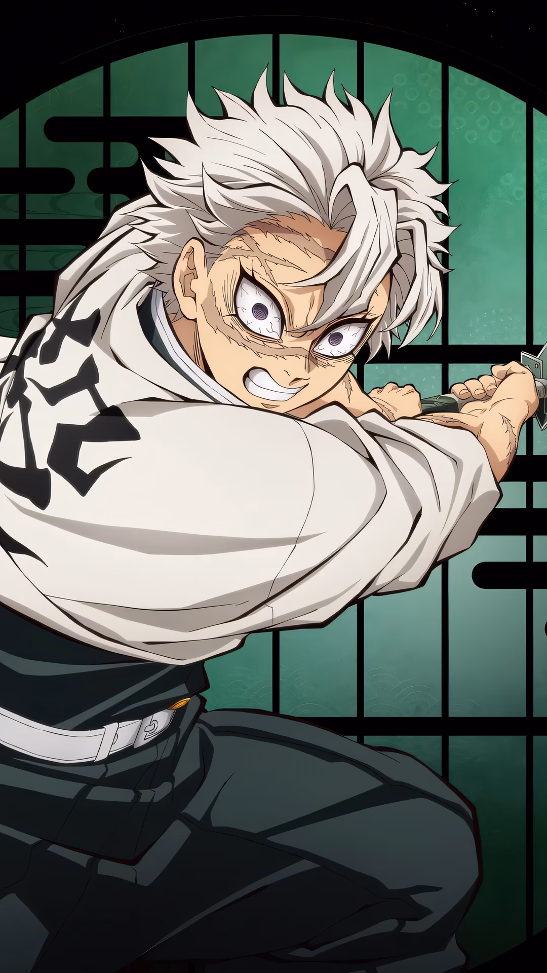 不死川実弥が激しい戦闘姿勢で日輪刀を握り、濃い緑色の円形背景に対して立つ公式アート壁紙。彼の白髪と激しい表情が目立つ。