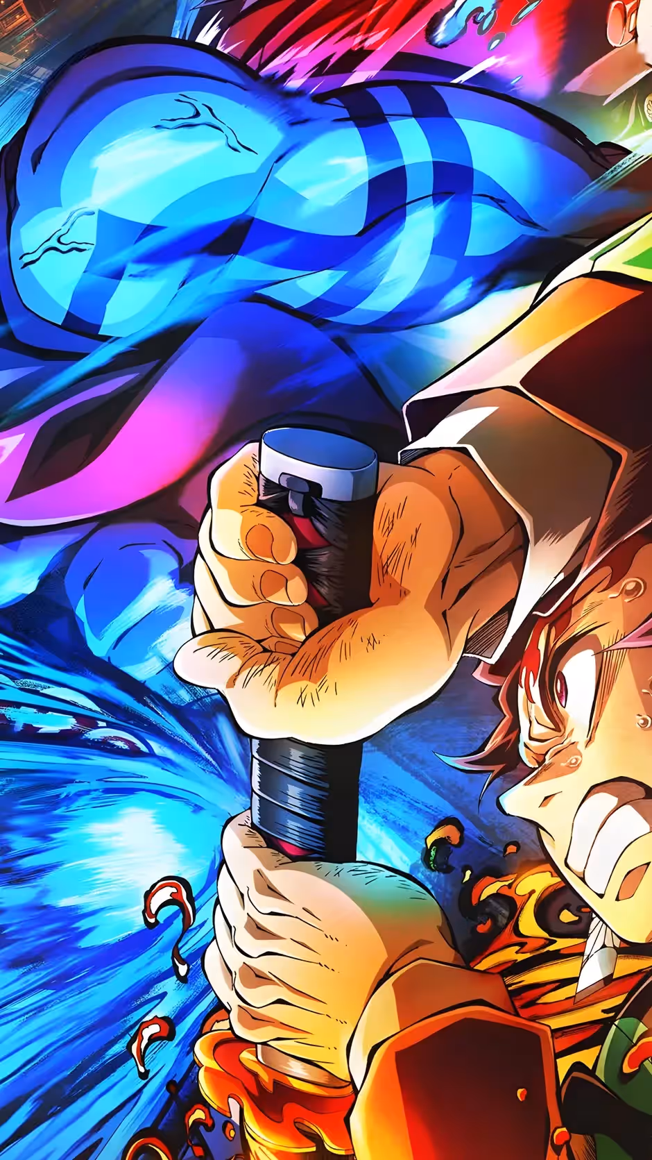 炭治郎・カマドが鬼の阿カザと激しい戦いを繰り広げる、激しいアニメイラスト。ダイナミックなポーズ、鮮やかな色使い、強力なエネルギー効果が特徴。