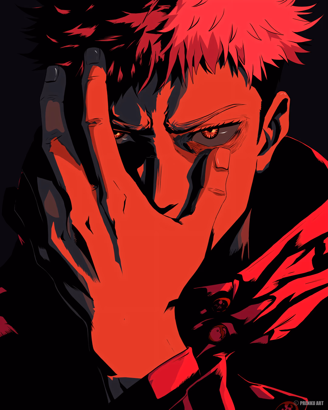 炭治郎の激しい表情のクローズアップデジタルアートイラスト、手で顔を部分的に隠し、暗い背景に対して鮮やかな赤と黒のトーンで描かれています。