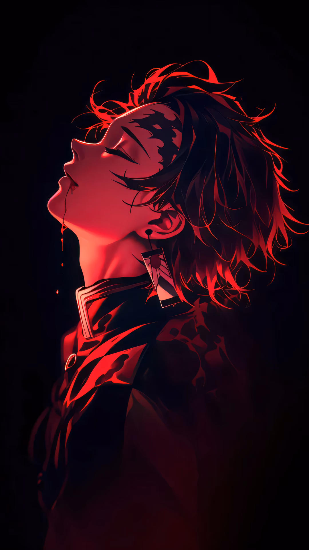 暗い背景に映える炭治郎・竈門の印象的な肖像。劇的な赤い輝きに照らされ、顔を上向きにし、目を閉じ、口から血を滴らせ、激しい感情と強力なダークファンタジー美学を表現している。