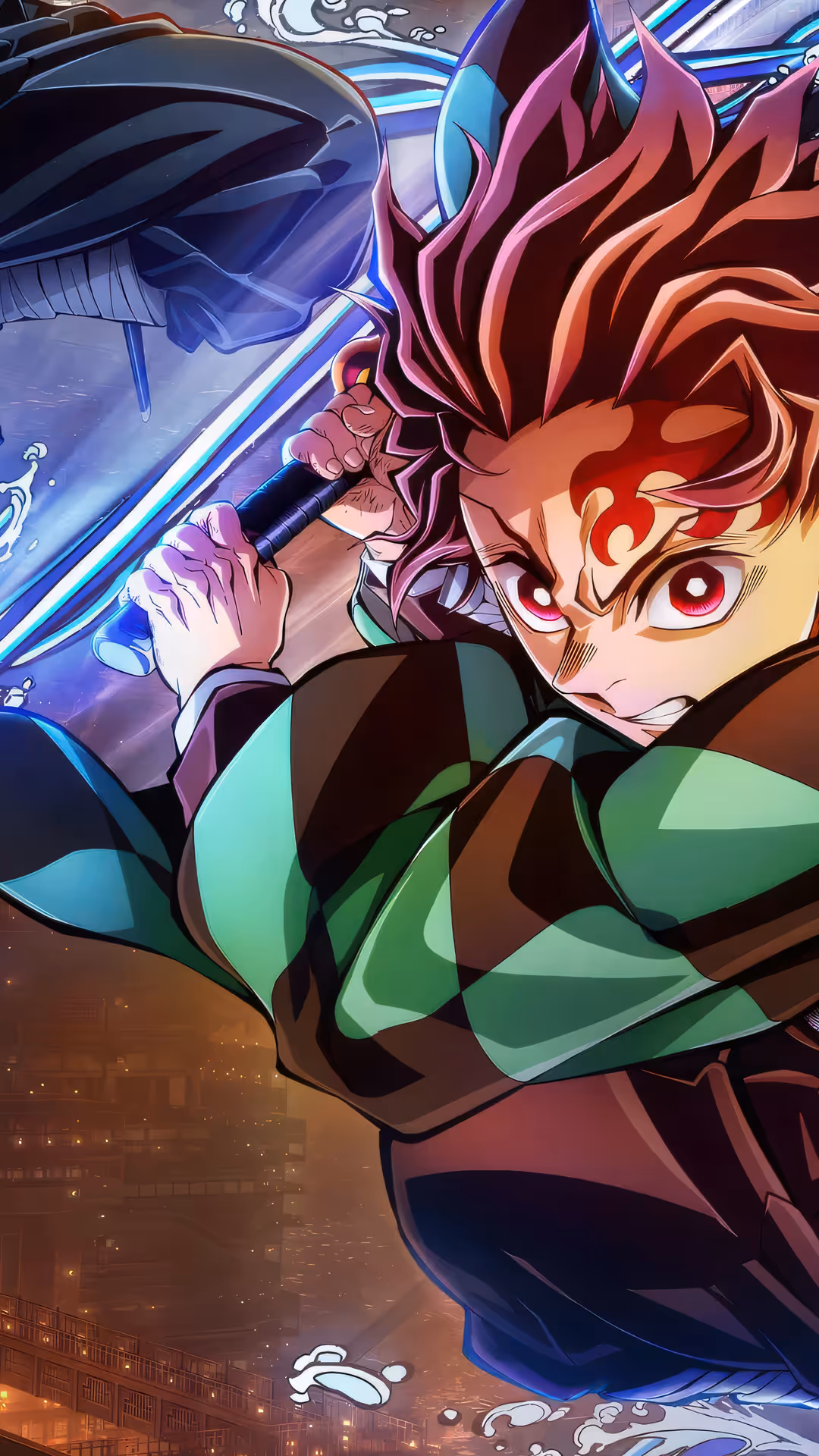 炭治郎がダイナミックなポーズで日輪刀を振るい、強力な水の呼吸効果が暗く輝く都市の背景に対して描かれた激しいアニメイラスト。