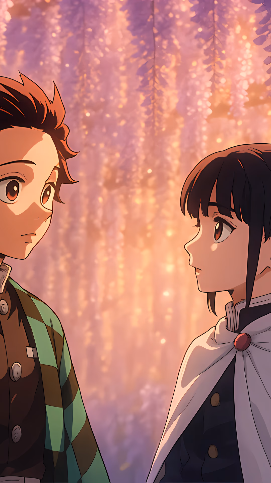 炭治郎・竈門と香奈恵・栗花落が、美しい藤の庭園で優しい瞬間を共有し、柔らかな紫とオレンジの光に包まれています。このシーンは、平和でロマンチックな雰囲気を呼び起こします。