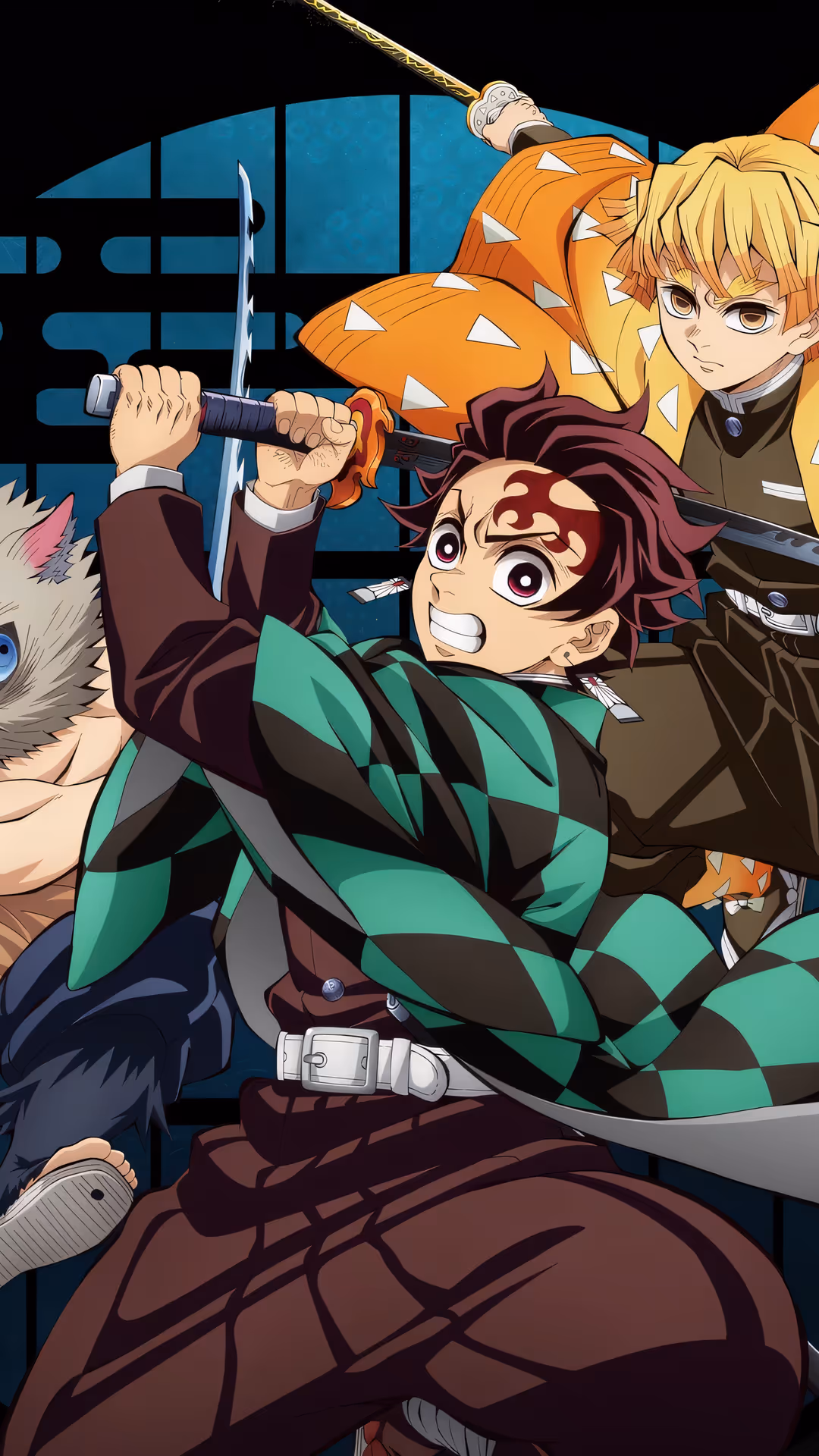 炭治郎、善逸、伊之助が暗いスタイライズされた背景に対してダイナミックなアクションポーズを取るエネルギッシュなアニメイラスト。鮮やかな色と激しい表情が鬼殺隊の英雄的な精神を捉えている。