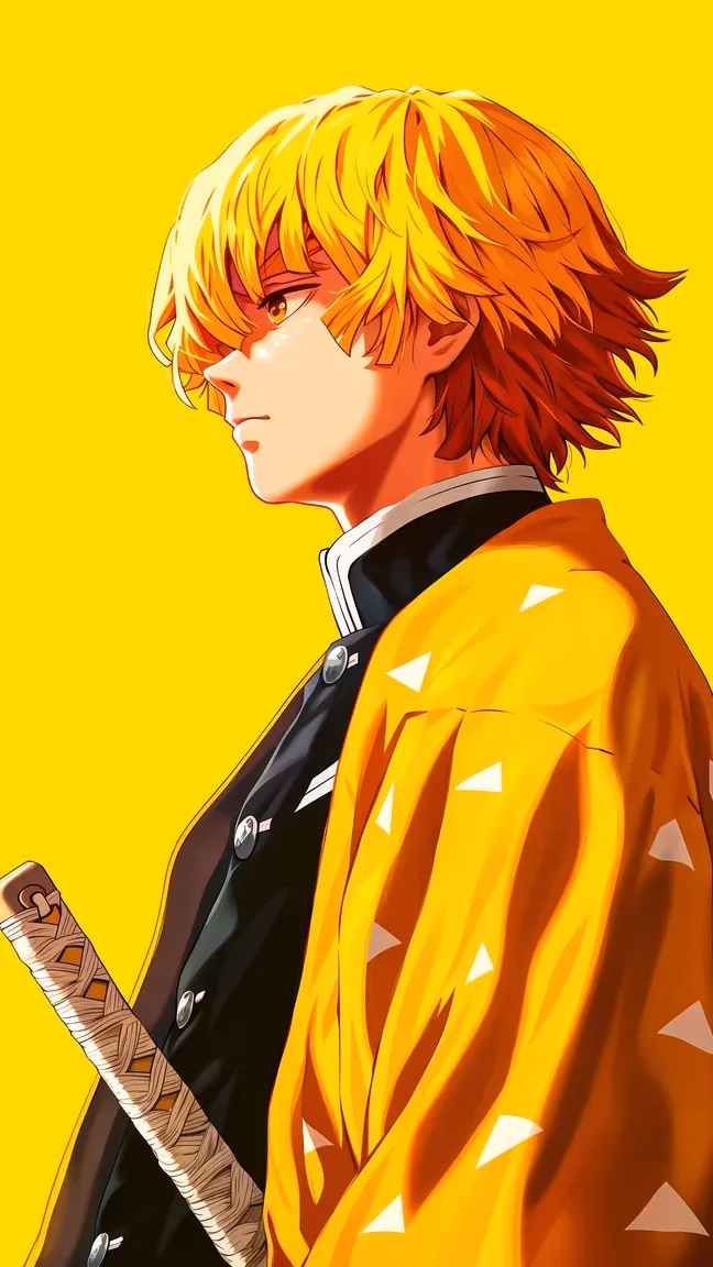 『鬼滅の刃』の嘴平伊之助の活気あるデジタルアートポートレート。彼の特徴的な黄色い羽織と日輪刀が、鮮やかな明るい黄色い背景に映える。画像は暖かい照明で彼の横顔を強調している。