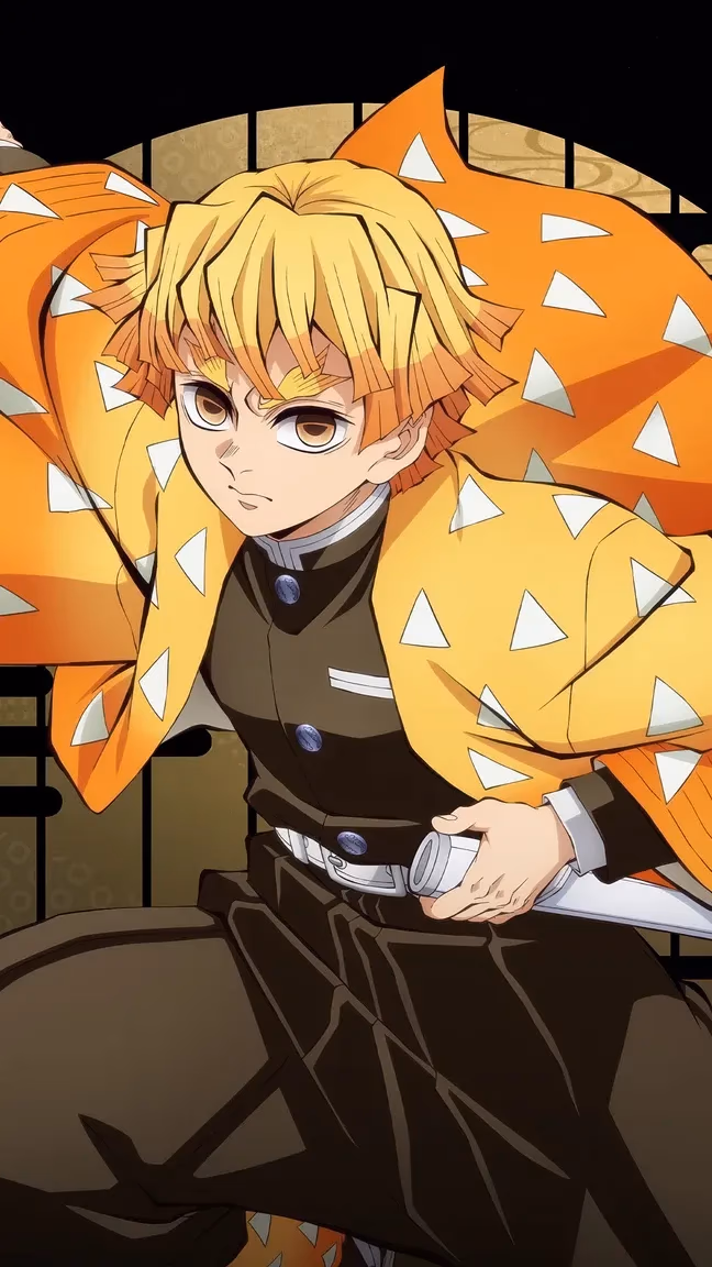 『鬼滅の刃』より我妻善逸が雷の呼吸の構えを取ったダイナミックなデジタルアートイラスト。暗い背景に微かな金色の模様が施され、オレンジと黄色の羽織に白い三角模様が際立つ。