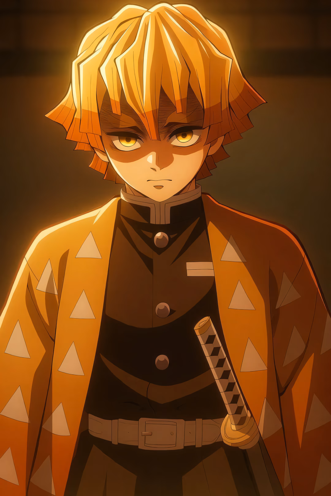 『鬼滅の刃』より善逸・アガツマのアニメクローズアップポートレート。激しい黄色い目と特徴的な羽織を背景に暗くドラマチックな背景。