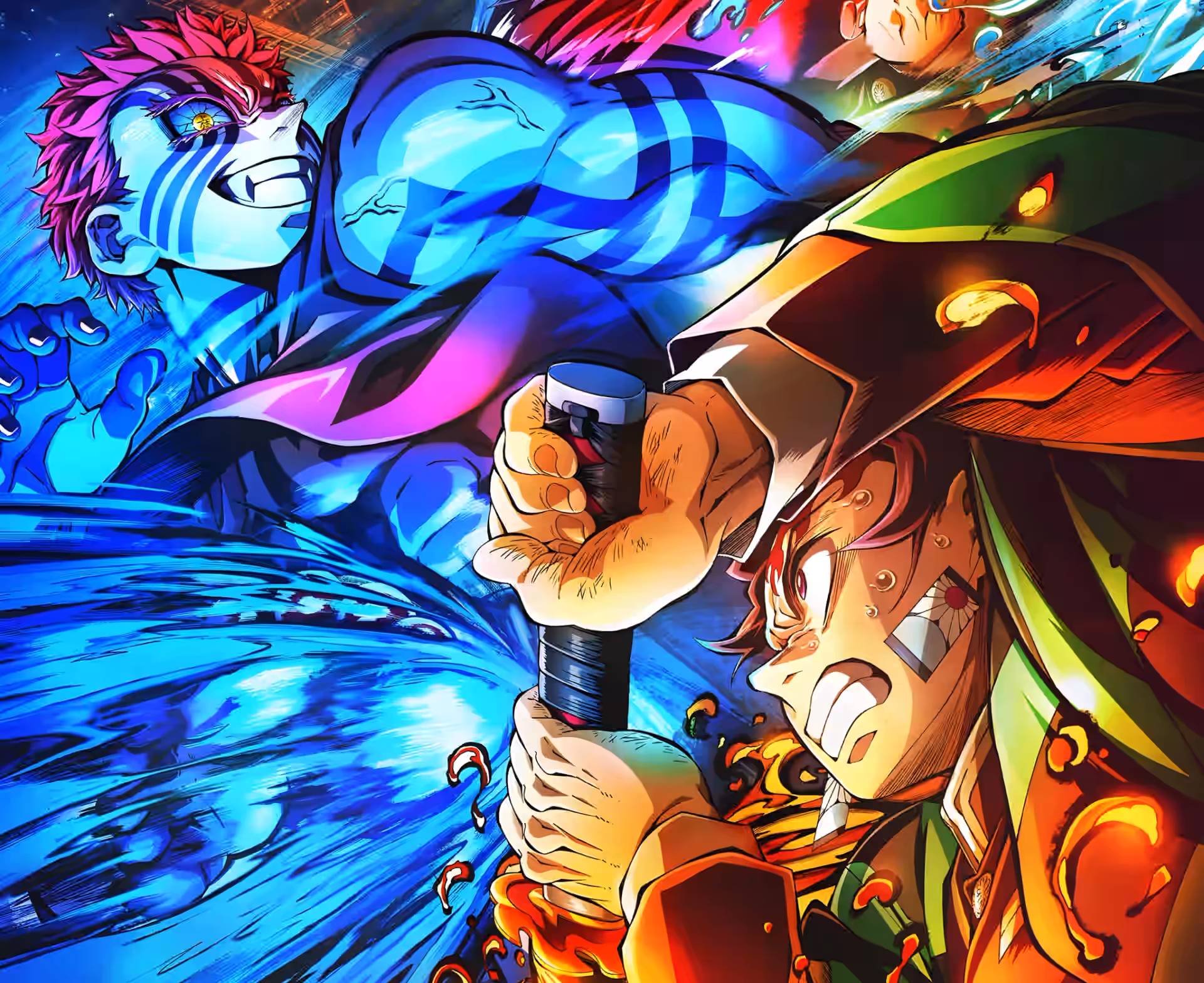 炭治郎・カマドが鬼の阿カザと激しい戦いを繰り広げる、激しいアニメイラスト。ダイナミックなポーズ、鮮やかな色使い、強力なエネルギー効果が特徴。