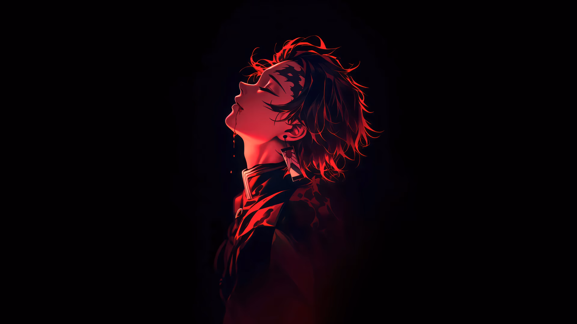 暗い背景に映える炭治郎・竈門の印象的な肖像。劇的な赤い輝きに照らされ、顔を上向きにし、目を閉じ、口から血を滴らせ、激しい感情と強力なダークファンタジー美学を表現している。