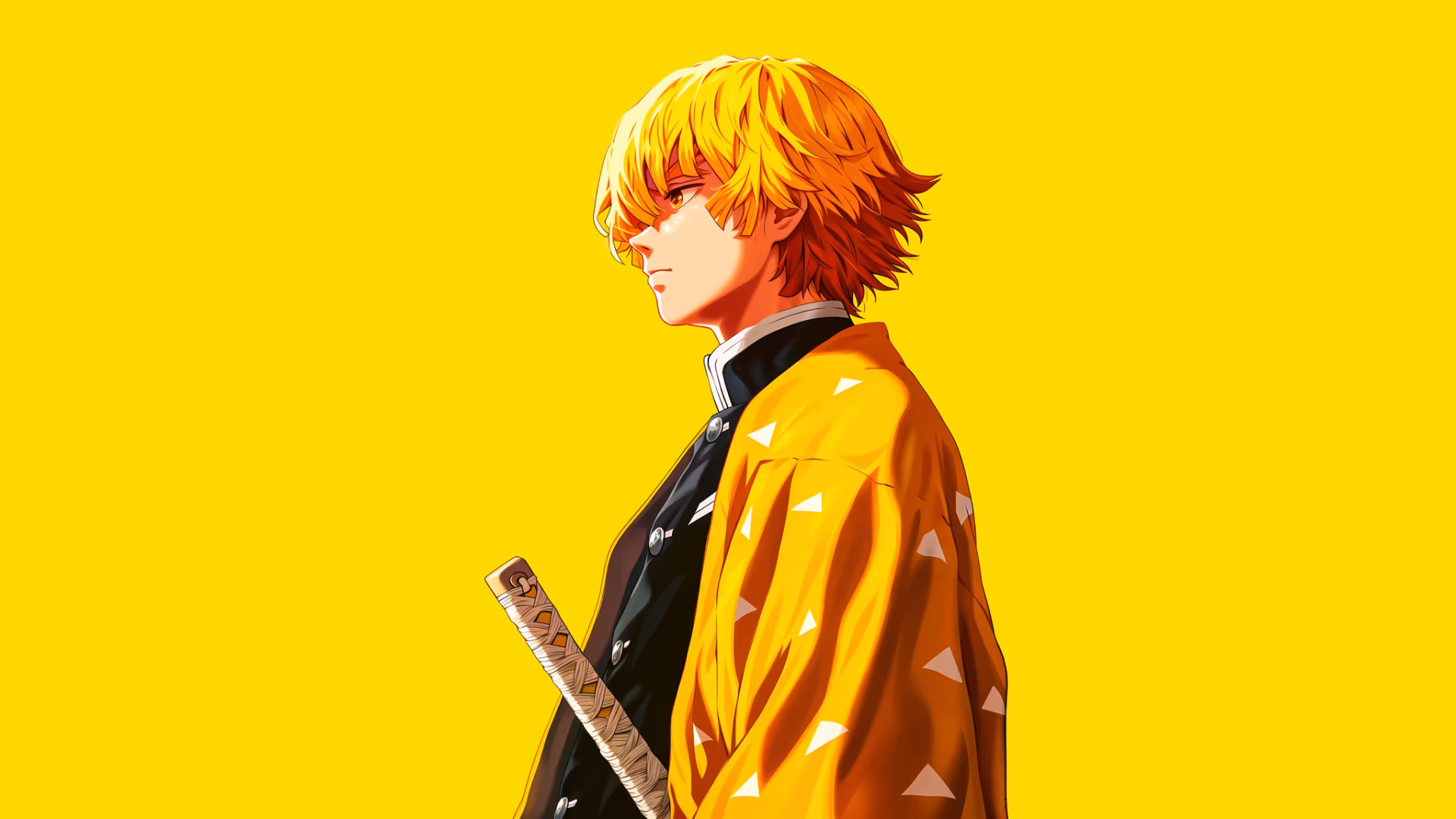 『鬼滅の刃』の嘴平伊之助の活気あるデジタルアートポートレート。彼の特徴的な黄色い羽織と日輪刀が、鮮やかな明るい黄色い背景に映える。画像は暖かい照明で彼の横顔を強調している。