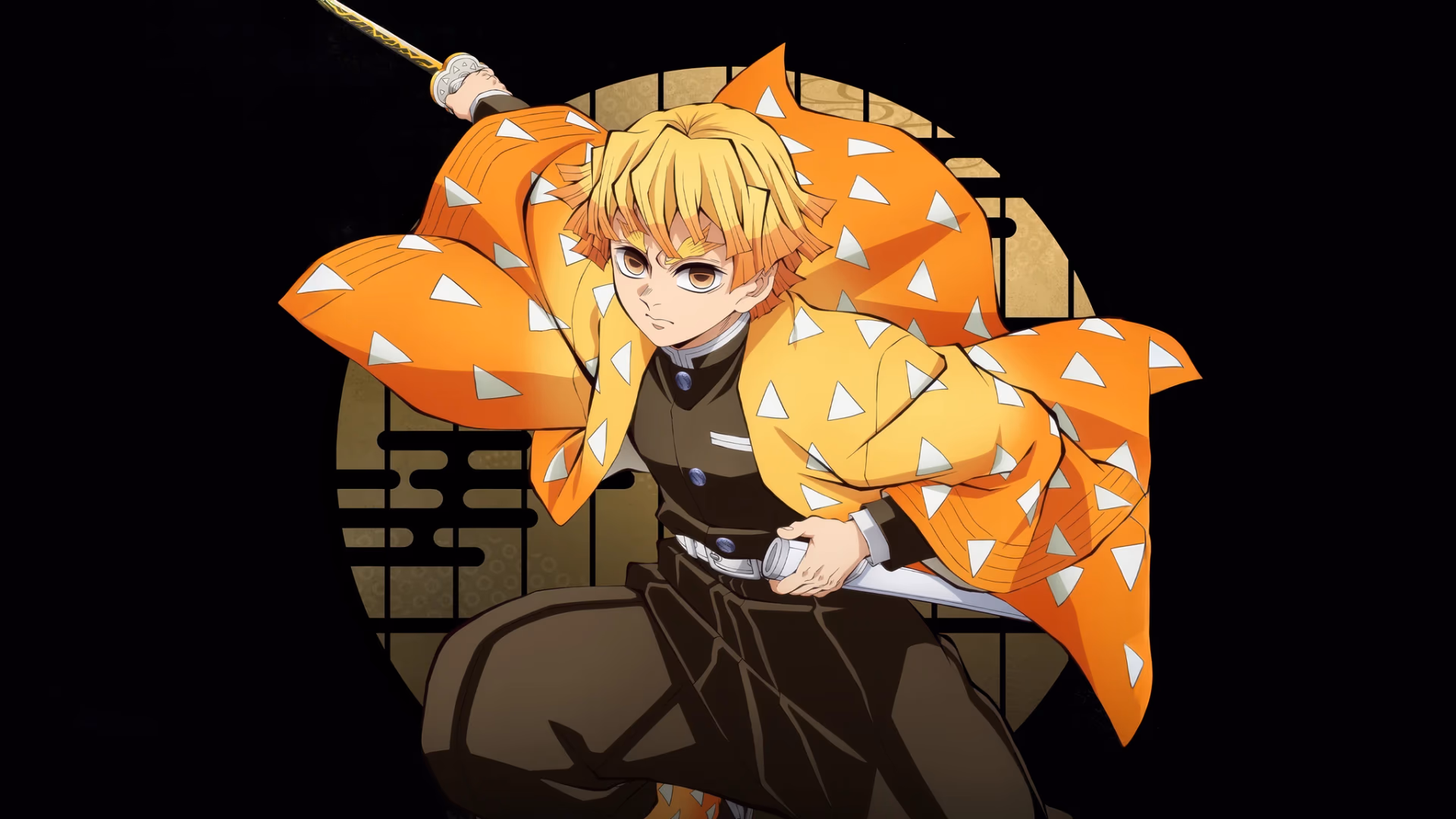 『鬼滅の刃』より我妻善逸が雷の呼吸の構えを取ったダイナミックなデジタルアートイラスト。暗い背景に微かな金色の模様が施され、オレンジと黄色の羽織に白い三角模様が際立つ。